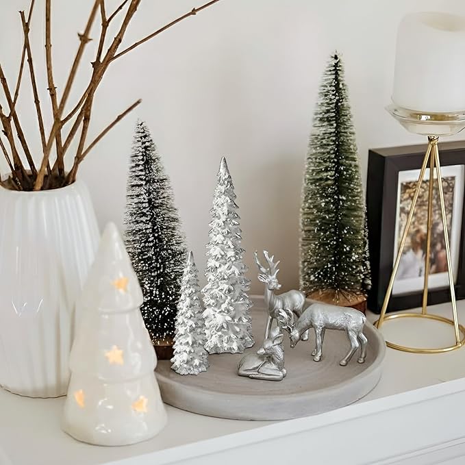 DN DECONATION Christmas Decoration Reindeer and Tree Figurines – Xmas Reindeer with White & Silver Tree Statues Decor – Resin Christmas Village for Winter Table Mantle Decor Set of 5