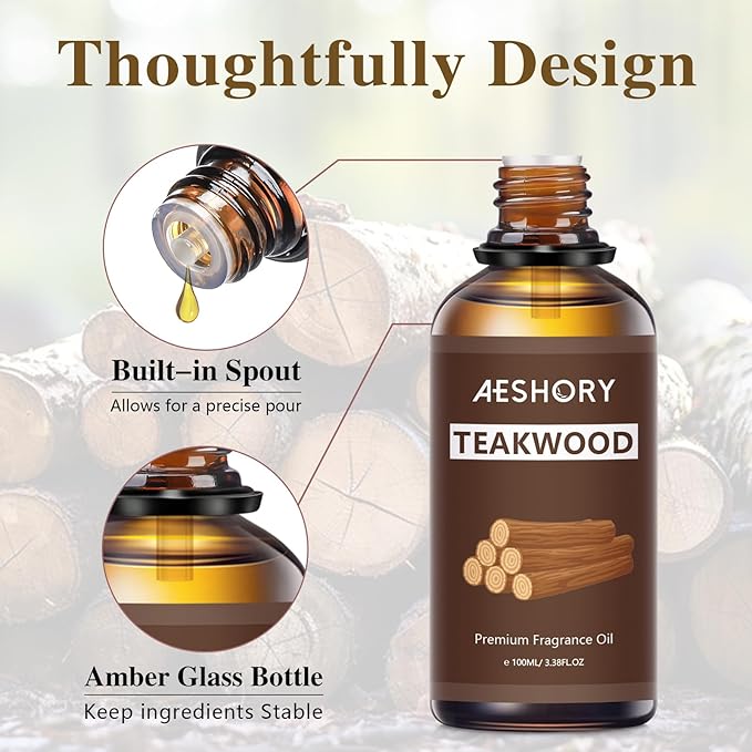 Teakwood Fragrance Oil 3.38FL.OZ - Aromatherapy Essential Oils for Diffusers for Home, Teakwood Scented Oils for Massage, Soap Candle Making Scents - 100ML
