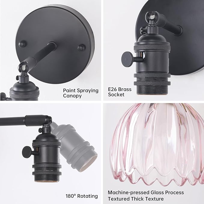 Vintage 5000 mAh Battery Operated Wall Sconce with Pink Clear Tulip Glass Lampshade Rechargeable Battery Powered Wall Light with Remote Control for Bedroom Doorway, Set of 2