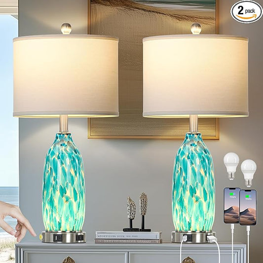 26" Peacock Green Glass Table Lamps Set of 2,Coastal Nautical Bedside Lamps with USB Ports & AC Outlet,Lamparas Elegantes para Cuarto with Night Light for Bedroom Living Room Decoration