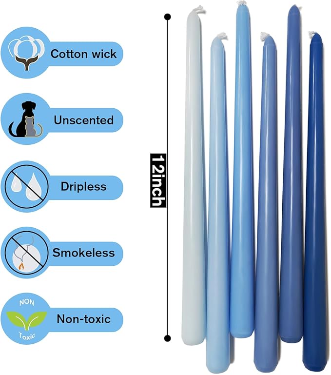 12 Inch Taper Candles 6 Pcs Unscented, Smokeless, Dripless Long Tapered Candlesticks Candles for Christmas Birthday Dinner Wedding Party Home Decor