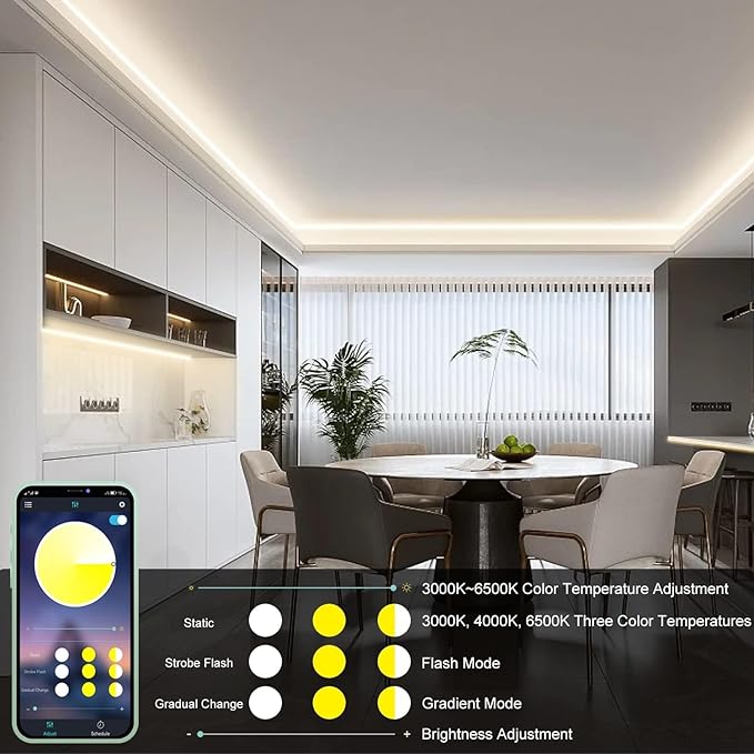 20ft COB LED Strip Lights, Bluetooth Smart App Tunable 3000K~6500K White Daylight to Warm White Light Strip with Remote Dimmable for Bedroom Kitchen Home Lighting