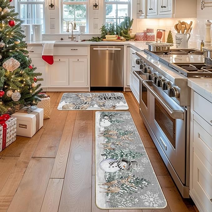 Artoid Mode Xmas Trees Deer Snowflakes Christmas Kitchen Mats Set of 2, Winter Home Decor Low-Profile Kitchen Rugs for Floor - 17x29 and 17x59 Inch