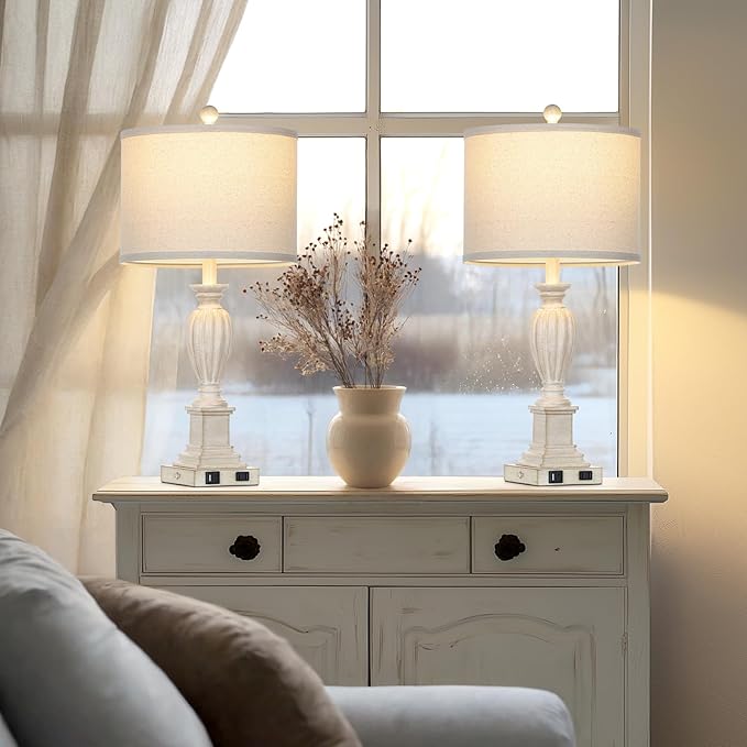 27" Farmhouse Table Lamps Set of 2 with USB C+A Ports & AC Outlet for Vintage Living Room Retro Bedroom,3-Way Dimmable Touch Lamp Resin Bedside Lamps for Nightstand Side End Table,Cream
