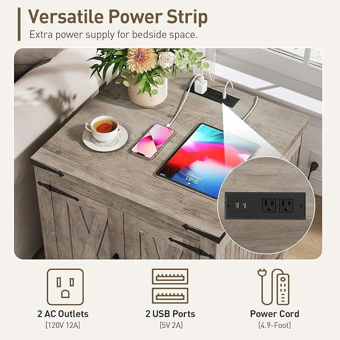 Farmhouse End Table Set of 2, Sofa Side Table with Charging Station and Adjustable Shelf, Wooden Nightstand for Living Room, Bedroom, Greige