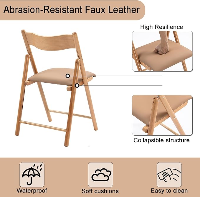 Folding Chairs Set of 2, Wooden Foldable Dining Chairs with Faux Leather Cushion 2-Pack Portable and Stackable Chairs for Dining Kitchen Office Wedding Picnic(Khaki,2Pack)