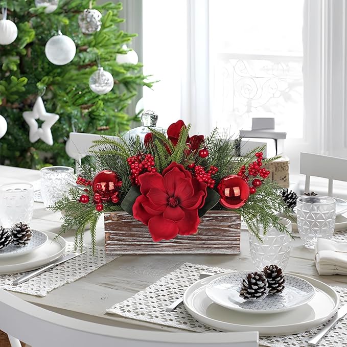 Christmas Centerpiece 11 Inch Artificial Norfolk Pine in Rustic Wooden Pot Flower Arrangement with Magnolia Flowers Pine Greenery Red Berries Ornaments for Dining Table Holiday Party Mantel Xmas Decor