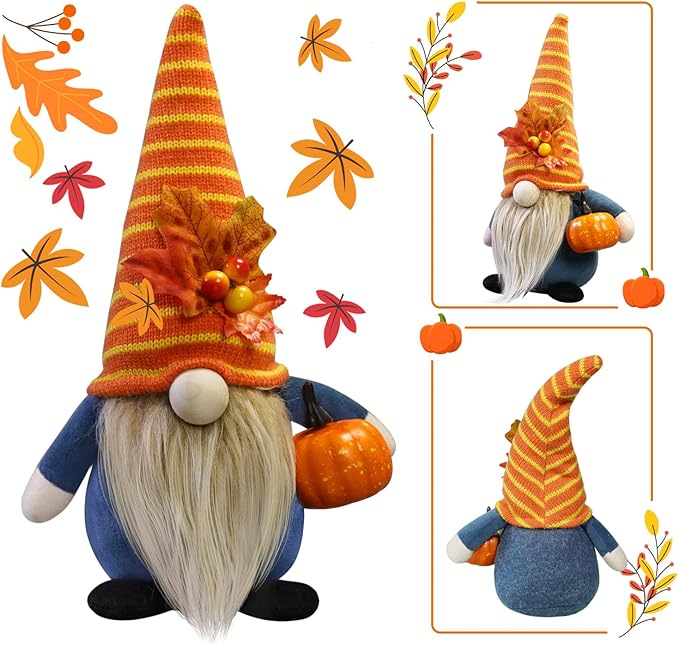 CRCZK Thanksgiving Gnome Decorations, 2Pack Handmade Fall Harvest Gnome Plush Swedish Gnomes Ornaments with Pumpkin Corn Maple Leaves Thanksgiving Gifts Autumn Holiday Home Decorations