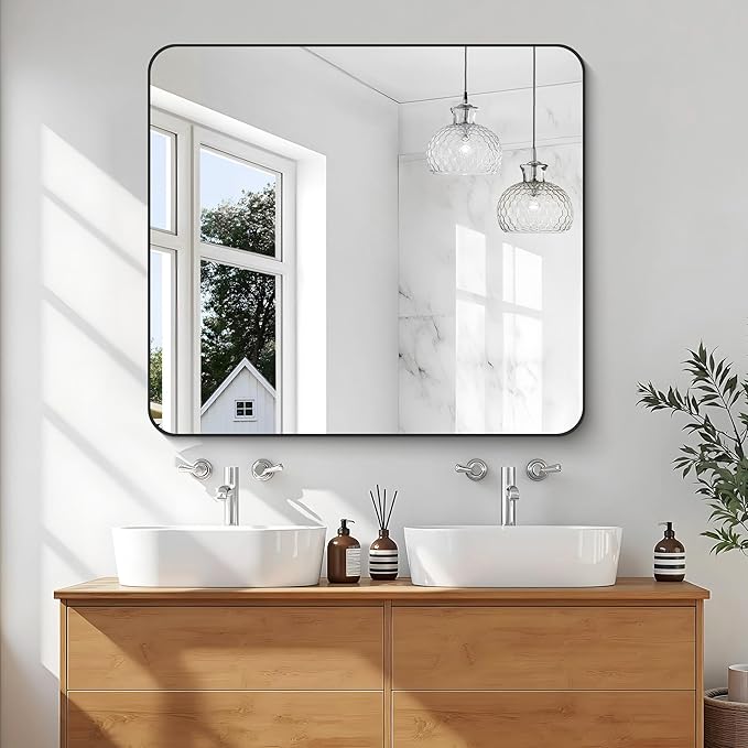 KOCUUY Bathroom Mirror 36"x40", Black Rectangle Mirrors for Wall, Large Metal Framed Vanity Mirror with Rounded Corner for Bedroom Living Room and Entryways Hangs Horizontal/Vertical