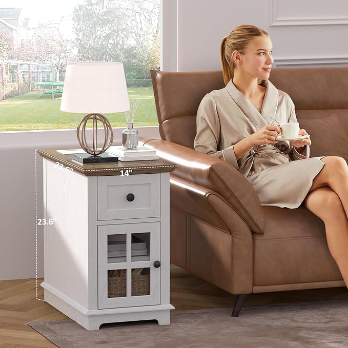 HIFYOBRO End Table with 1 Drawer, Storage Side Table with Flip Top Charging Station, Type-C & USB Port & Power outlets, Wooden Storage Cabinet for Bedroom/Living Room