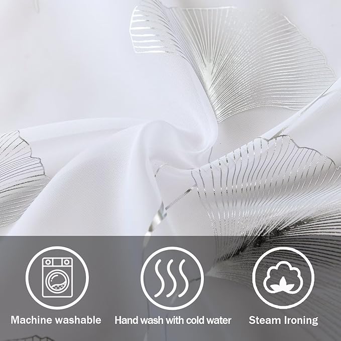 Silver Foil Print Sheer Curtains 96 inches Long, 2 Panels Ginkgo Bronzing Treatment Sheer Curtain, Rod Pocket Window Treatment Panels for Bedroom Living Room