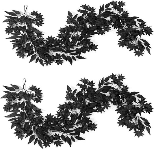 2PCS 6FT Black Maple Leaf Garland, Halloween Artificial Hanging Fall Leave Vines, Fall Floral Garlands Thanksgiving Decor and Home Wedding Party