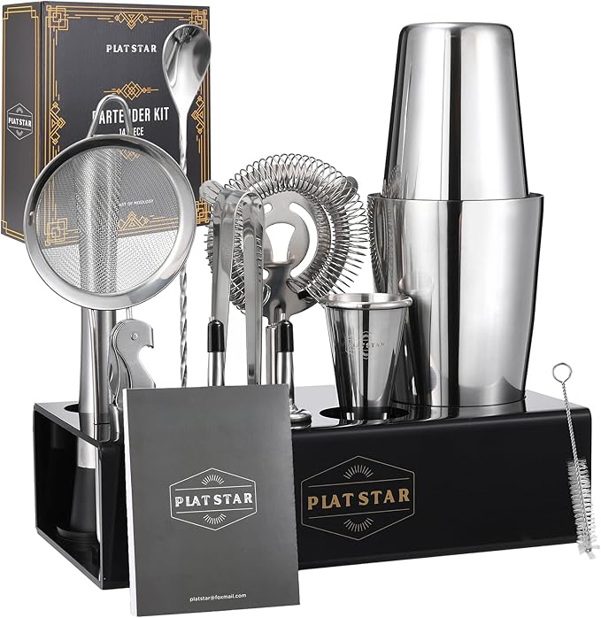 Mixology Bartender Kit | Home Bar Set Cocktail Shakers Bartending Kit | Bar Tools Boston Shaker Set with Stand | Professional Drink Mixing Martini Shaking Tins Barware Set w/Strainer