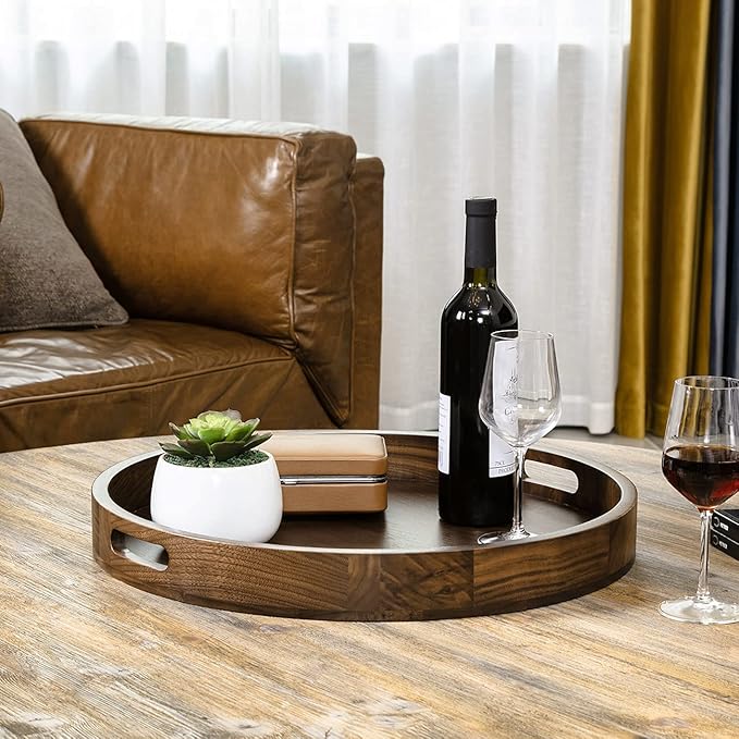 20 x 20 inches Large Round Ottoman Table Tray Wooden Solid Black Walnut Circle Platter Decorative Serving Tray with Handle for Oversized Ottoman Home Breakfast in Bed Tea Coffee