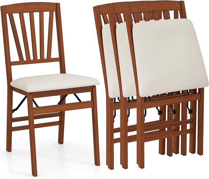 COSTWAY Folding Dining Chairs Set of 4, Upholstered Wooden Dining Room Chairs with Fabric Padded Seat, Solid Wood Frame and 400LBS Capacity for Kitchen Apartment (Beige & Brown)