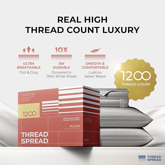 THREAD SPREAD 100% Egyptian Cotton Sheets Queen Size - 1200 Thread Count 4 PC Damask Sheet Set Egyptian Cotton, Sateen Luxury Sheet Queen Size, Soft Sateen Sheets, 17" Deep Pocket - Dark Grey Stripe