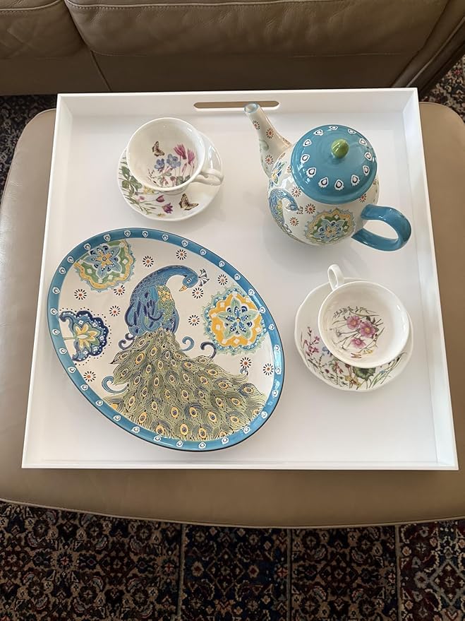 Glossy White Acrylic Serving Tray with Handles-Butler Trays for Coffee Table, Snacks,Breakfast in Bed, Kitchen Countertop,Vanity,Makeup Organizer,Ottoman (White, 20x20 Inch)