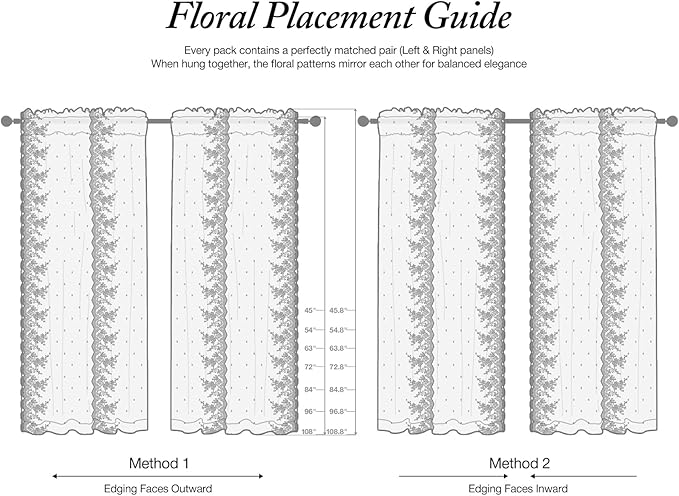 White Lace Sheer Curtains – Vintage Floral Lace for Living Room/Bedroom, Airy Light Filtering Rod Pocket Drapes, Privacy Elegant Chic Victorian Pattern Design, 52W x 63L Inch, 2 Panels