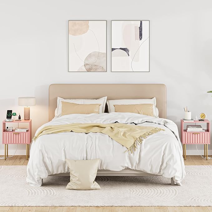 Masupu Nightstand with Charging Station,Mid-Century Modern Bedside Table with Storage Drawer and Open Wood Shelf,Small Gold Frame Side Table for Bedroom,Living Room (Pink Fluted)