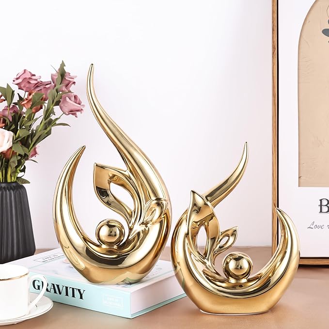 13" H Bright Gold Abstract Sculptures Home Decor, Ceramic Art Statue Cool Stuff to Put on Shelves&tv Stand Decor, Gold Accent Entertainment Center, for Fireplace Coffee Table Dining Table Decorate