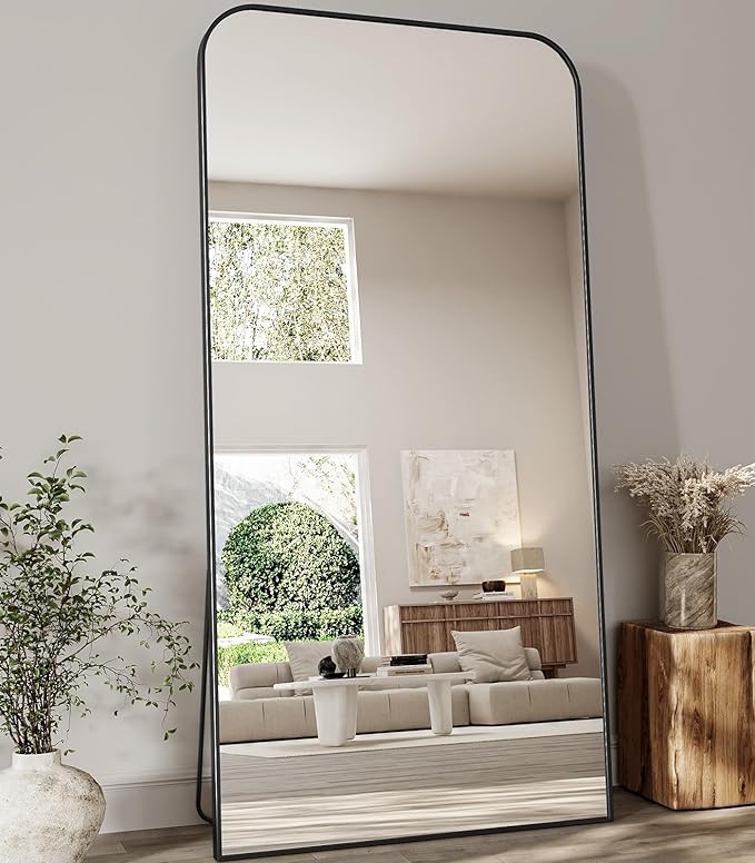 Koonmi Full Length Mirror, 78"x35" Mirror Full Length with Stand, Black Domed Top Square-Edged Floor Mirror with Aluminum Alloy Frame for Bedroom Living Room