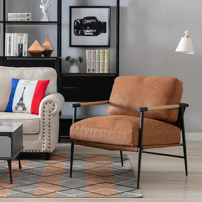 DUOMAY Mid-Century Modern Accent Chair Armchair Set of 2, Soft PU Leather Sofa Lounge Chair Reading Chair with Metal Leg for Living Room Bedroom Office, Brown