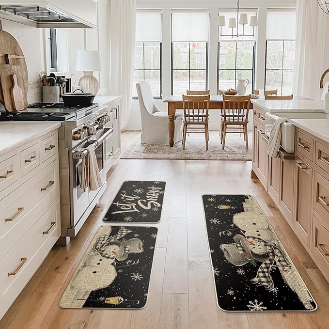 Artoid Mode Let It Snow Snowflake Snowman Light Christmas Decorative Kitchen Mats Set of 2, Home Party Low-Profile Kitchen Rugs - 17"x29"+17"x36"+17"x47"