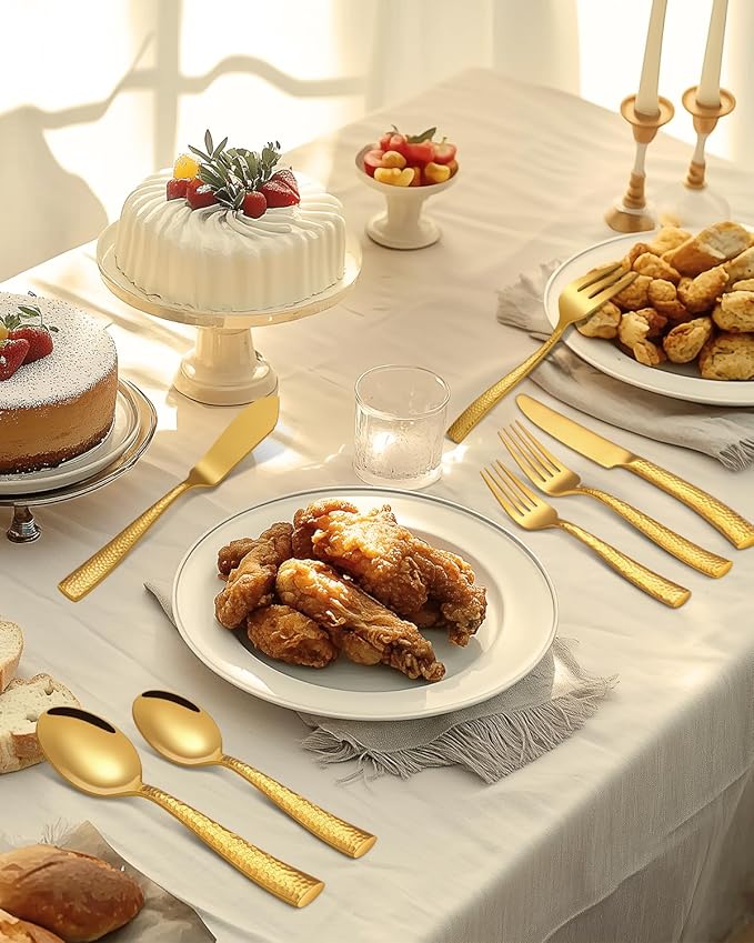 65-Piece Gold Silverware Set with Serving Utensils, Ollex Durable Stainless Steel Hammered Flatware Set for 12 with Knives Forks Spoons Large Serving utensil Set for Home Restaurant, Dishwasher Safe