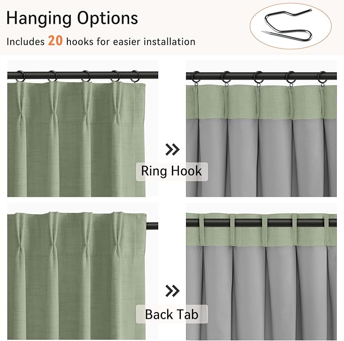 100% Blackout Shield Linen Look Textured Pinch Pleated Curtains Blackout Drapes 120 Inch Long 2 Panels Set, Faux Linen Blackout Curtains for Bedroom & Living Room, 40" W x 120" L, Sage Green