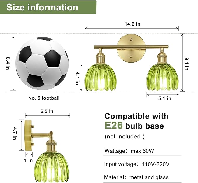 Vintage Bathroom Light Fixtures,2-Light Hardwired Vanity Lights Over Mirror,Gold Wall Sconces with Green Tulip Glass Shade for Bathroom Living Room,E26 Socket(Bulbs Not Included)