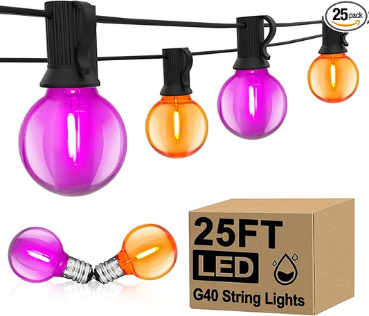 25FT G40 LED Outdoor Halloween String Lights, Orange and Purple Halloween Decorations Lights with 27 Shatterproof Globe Bulbs(2 Spare), Hanging Patio Lights for Holiday Balcony Backyard Party Garden