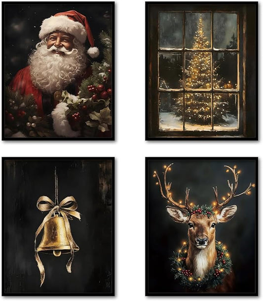 TFKFJLF Vintage Christmas Santa Wall Art Poster Decor, Aesthetic Christmas Tree Wall Decor, Xmas Holidays Decorations for Bathroom Bedroom Living Room Office, Unframed 8x10in Set of 4