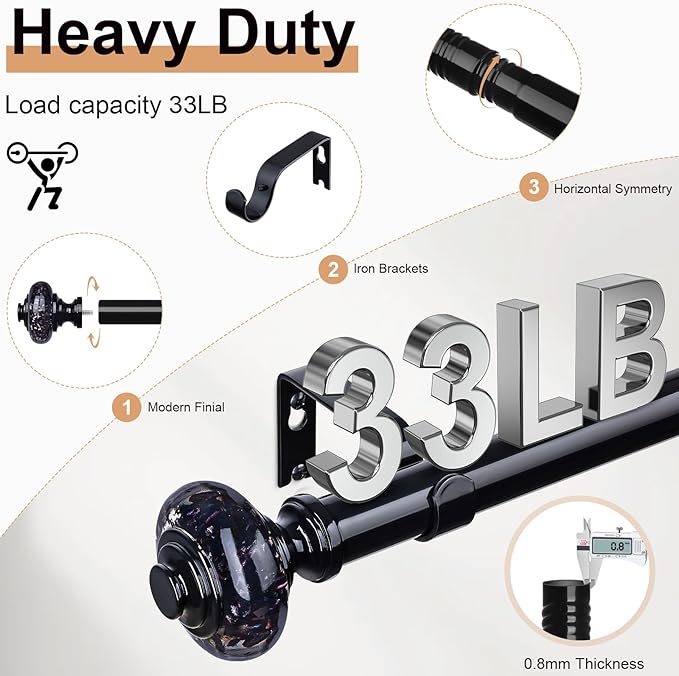2 Pack Black Crystal Curtain Rods for Windows 30 to 56 Inch, Decorative Vintage 1'' Diameter Curtain Rod with Black Foil Finial, Adjustable Heavy Duty Easy Install Drapery Pole Set for Farmhouse