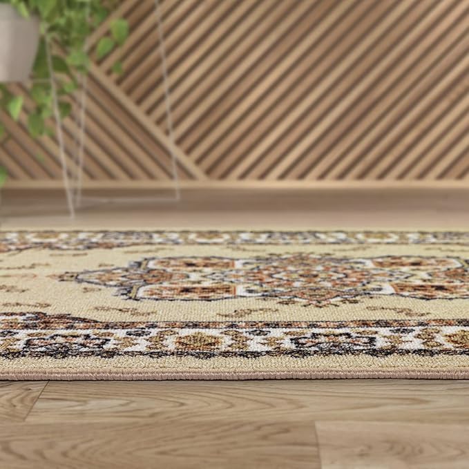 Antep Rugs Alfombras Oriental Traditional 2x4 Non-Skid (Non-Slip) Low Profile Pile Rubber Backing Kitchen Area Rugs (Beige, 2'3" x 4')