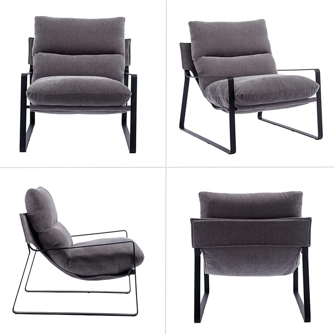 HEAH-YO Modern Accent Chairs Set of 2, Linen Fabric Living Room Chairs with Removable Cushion and Solid Metal Frame, Comfy Reading Chairs for Bedroom, Grey