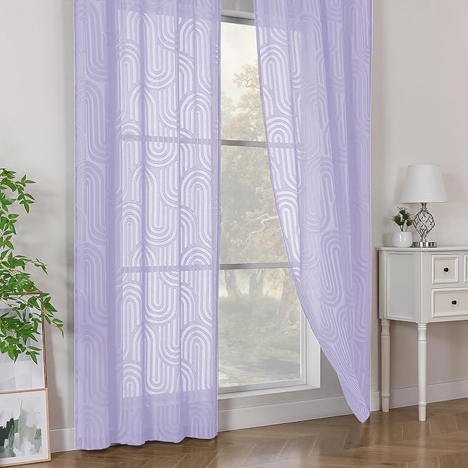 Simplebrand Lavender Sheer Curtains 54 Inch Length 2 Panels, Geometric Mid Century Jacquard Clip Textured Short Curtains Sheer for Bedroom, Light Filtering Rod Pocket Window Curtains, 42Wx54L Inches