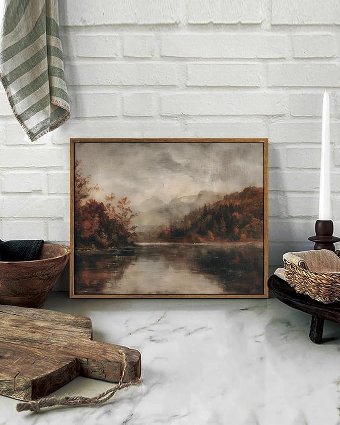 KISSFOX Vintage Autumn Lake Landscape Canvas Wall Art Fall Moody Farmhouse Rustic Country Painting Framed Wall Art Prints Artwork For Living Room Bedroom Kitchen