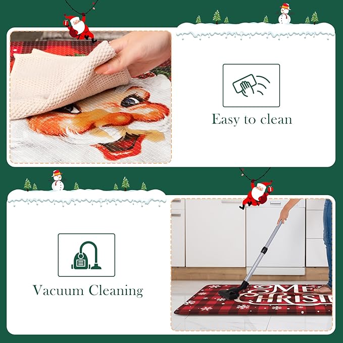 Christmas Kitchen Mats Cushioned Anti Fatigue, Santa Claus Farmhouse Kitchen Floor Mat Non Slip Kitchen Rugs Sets of 2, Buffalo Plaid Kitchen Sink Mats for Home Decor(Red & Black)