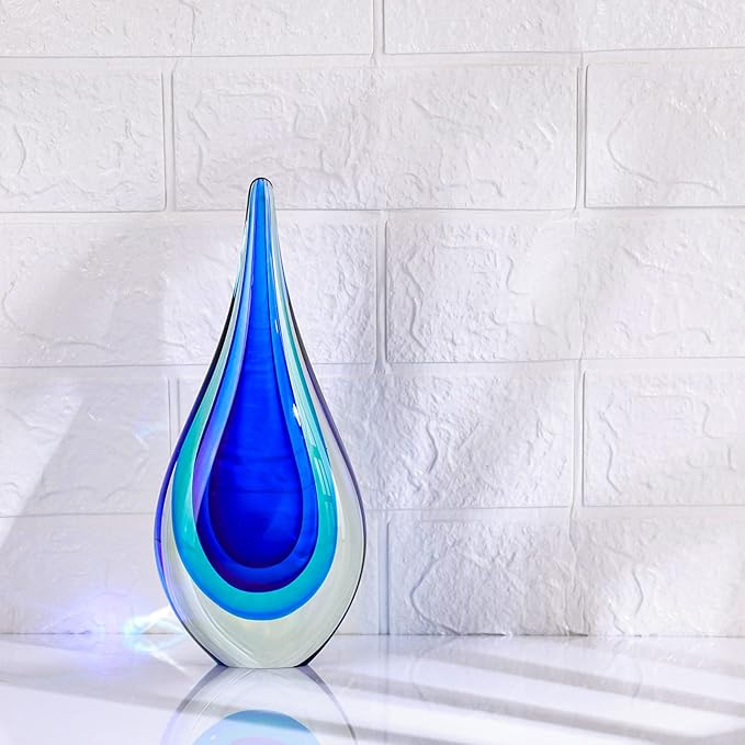 9" Tall Sculpture Hand Blown Glass Decor, Paperweight for Office Desk, Modern Glass Art Figurines Mediterranean Beach House Decor, Living Room Coffee Shelves Table Top Decoration (Blue)
