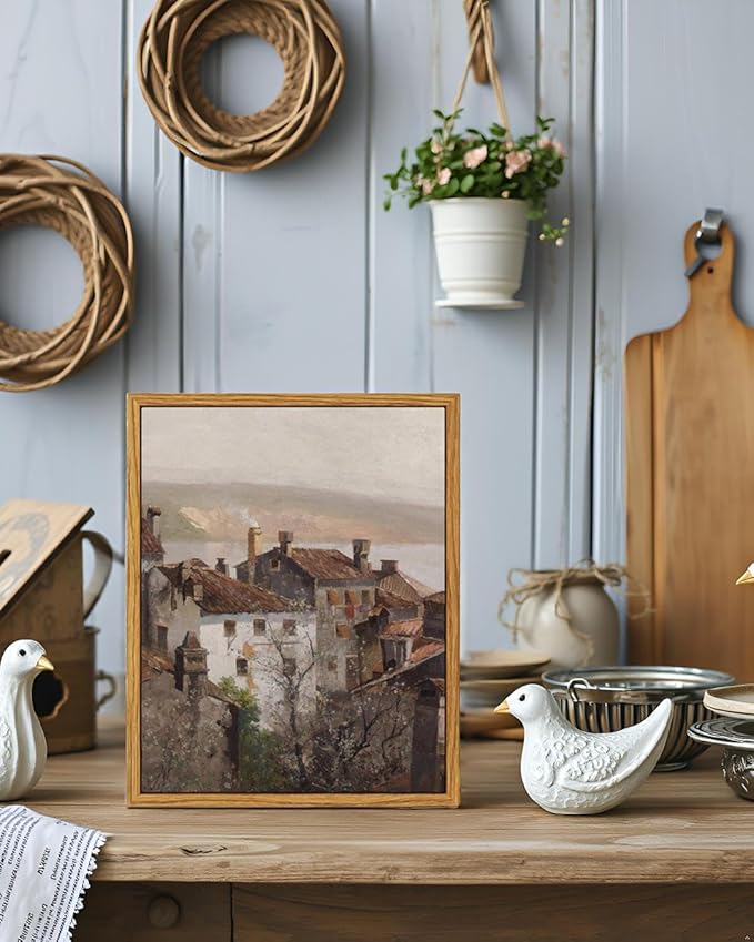 VIYYIEA Vintage Framed Canvas Wall Art, European Towns Landscapes Art, Living Room Hallway Bedroom Library Rustic Retro Neutral Decor, Small Antique Country Town Picture Paintings,8x10 Inch