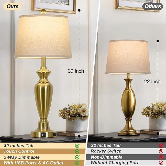 30" Tall Gold Table Lamps Set of 2, Touch Control Bedside Lamp with USB A+C Ports and AC Outlet, 3-Way Dimmable Modern Metal Nightstand Lamp for Bedroom Living Room, 2 LED Bulbs Included