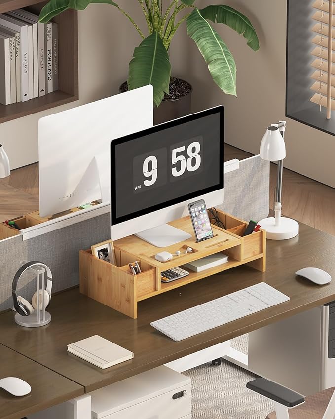 Ufine Bamboo Monitor Stand with Storage Compartments Ergonomic Computer Laptop Riser Small Space Organizer for Home Office
