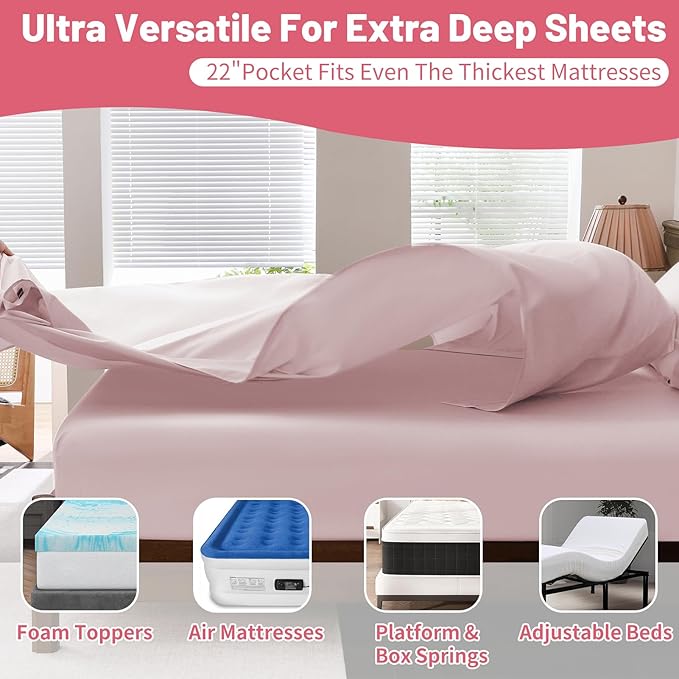 Extra Deep Pocket California King Sheets 18-24 Inch 100% Egyptian Cotton 1000 Thread Count Sateen Weave Soft Breathable 4 Pieces(California King,Light Pink)