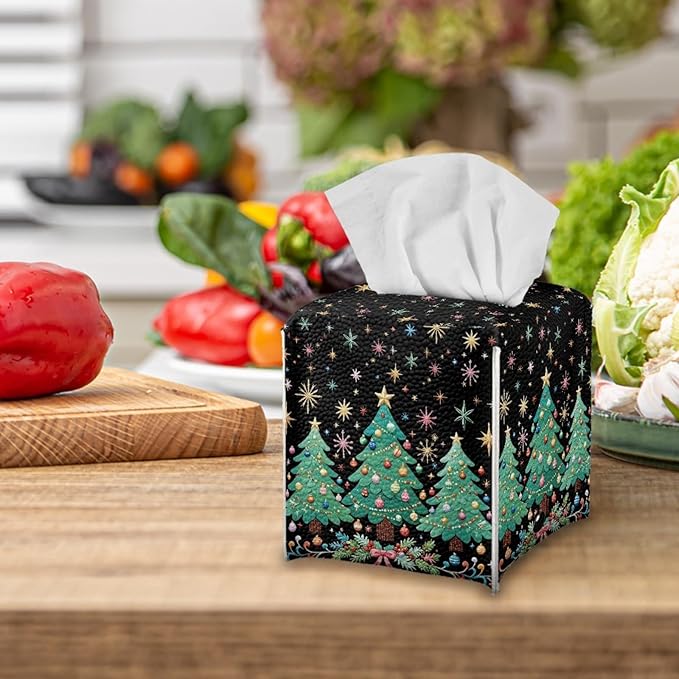 Christmas Tree Tissue Box Cover Square PU Leather Tissue Case Facial Paper Organizer Dispenser Aesthetic Modern Home Decorative for Bedroom Bathroom Kitchen Living Room, 5.1''x5.1''