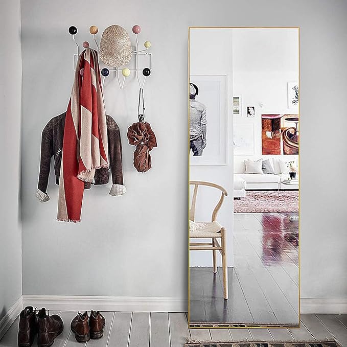 Full Length Mirror with Stand, 64" x 21" Free Standing Floor Mirror, Full Body Mirrors, Hanging or Wall Mounted Mirrors for Bedroom, Rectangle Shape, Metal Frame,Gold