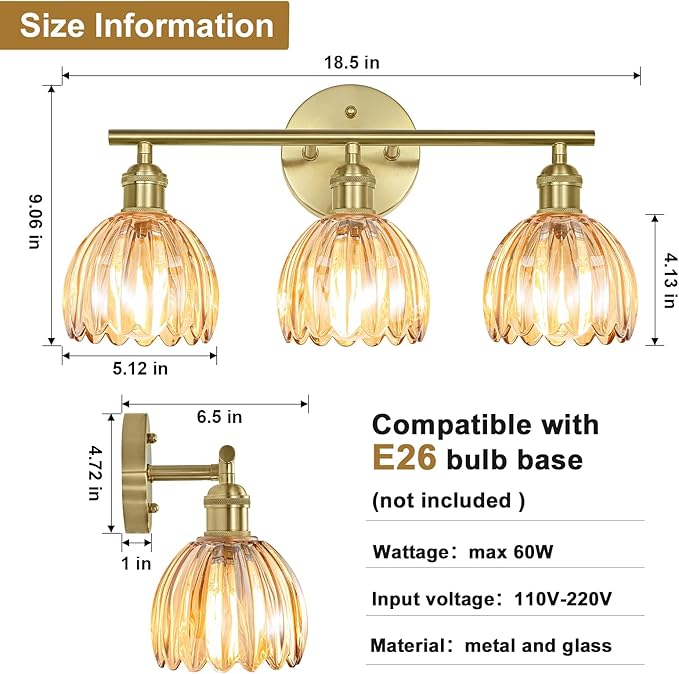 Vintage Bathroom Light Fixtures,3-Light Hardwired Vanity Lights Over Mirror,Gold Wall Sconces with Amber Tulip Glass Shade for Bathroom Living Room,E26 Socket(Bulbs Not Included)