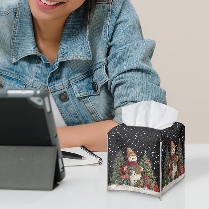 Christmas Tissue Box Cover Holder Square Facial Tissue Case Facial Paper Organizer Dispenser for Bathroom Bedroom Living Room Office Snowman PU Leather Napkin Boxes Covers