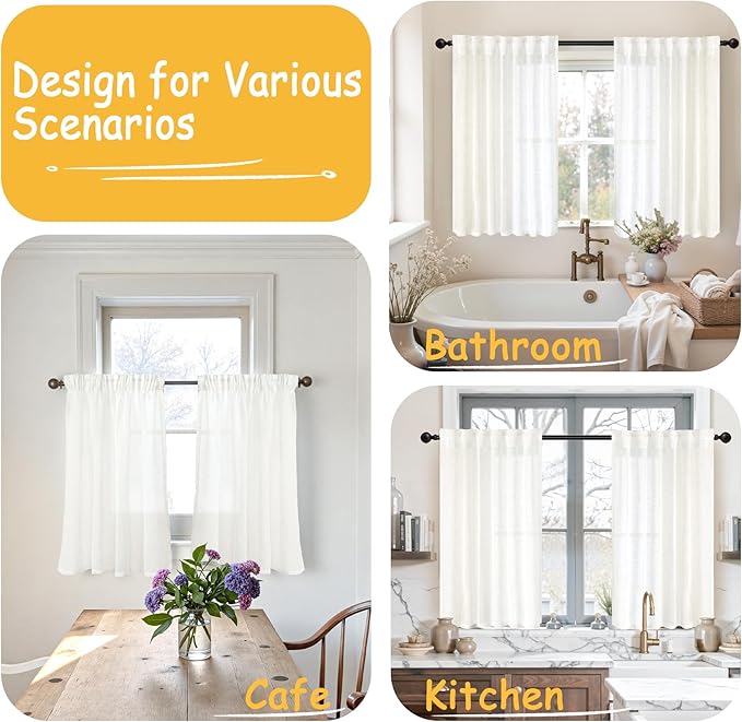 YoungsTex White Linen Semi Sheer Curtains 45 Inch Long for Small Window, Short Length Ivory Drapes Textured Light Filtering with Rod Pocket Back Tab for Cafe Bathroom, 2 Panels, 34 X 45 Inch