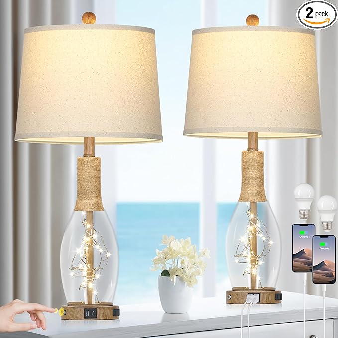 28" Boho Glass Table Lamps Set of 2, Touch Control Bedside Lamps with 2 USB Ports and Outlet, Rattan Lamp with Night Light for Nightstand Living Room Bedroom, 2 LED Bulbs Included, Wood