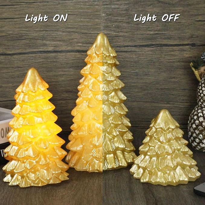 Christmas Flameless Candles Gold Christmas Tree Tabletop Flickering LED Warm Light Battery Operated Candle with Remote Lighted Xmas Tree Figurines for Fireplace Home Decor Indoor Holiday Gifts